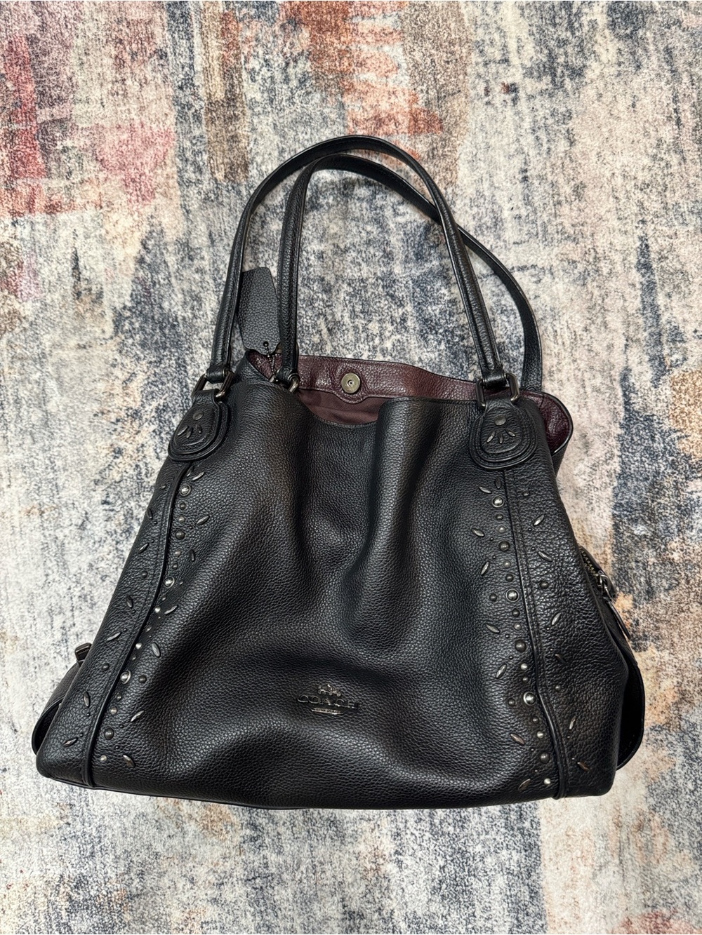 Coach Black Leather Studded Shoulder Bag with Dark Brown Trim